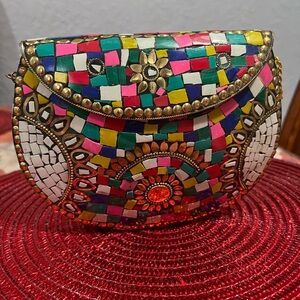 Mosaic Multicolor Clutch with Gold Accents